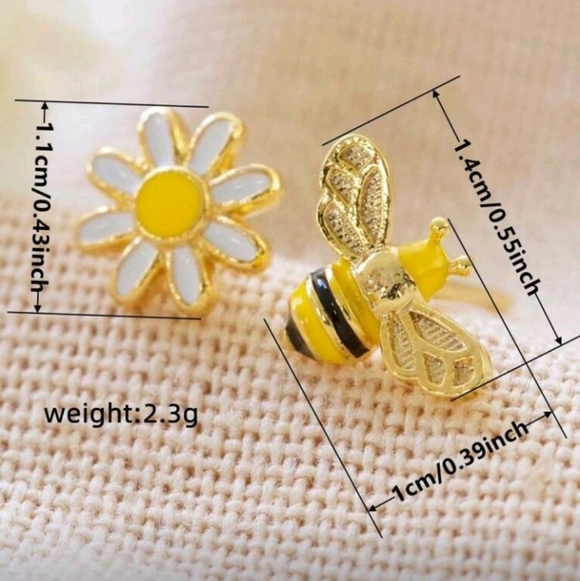 NEW! Bee and Flower Yellow Enamel Small- Petite Gold Stud Earrings - Picture 5 of 6